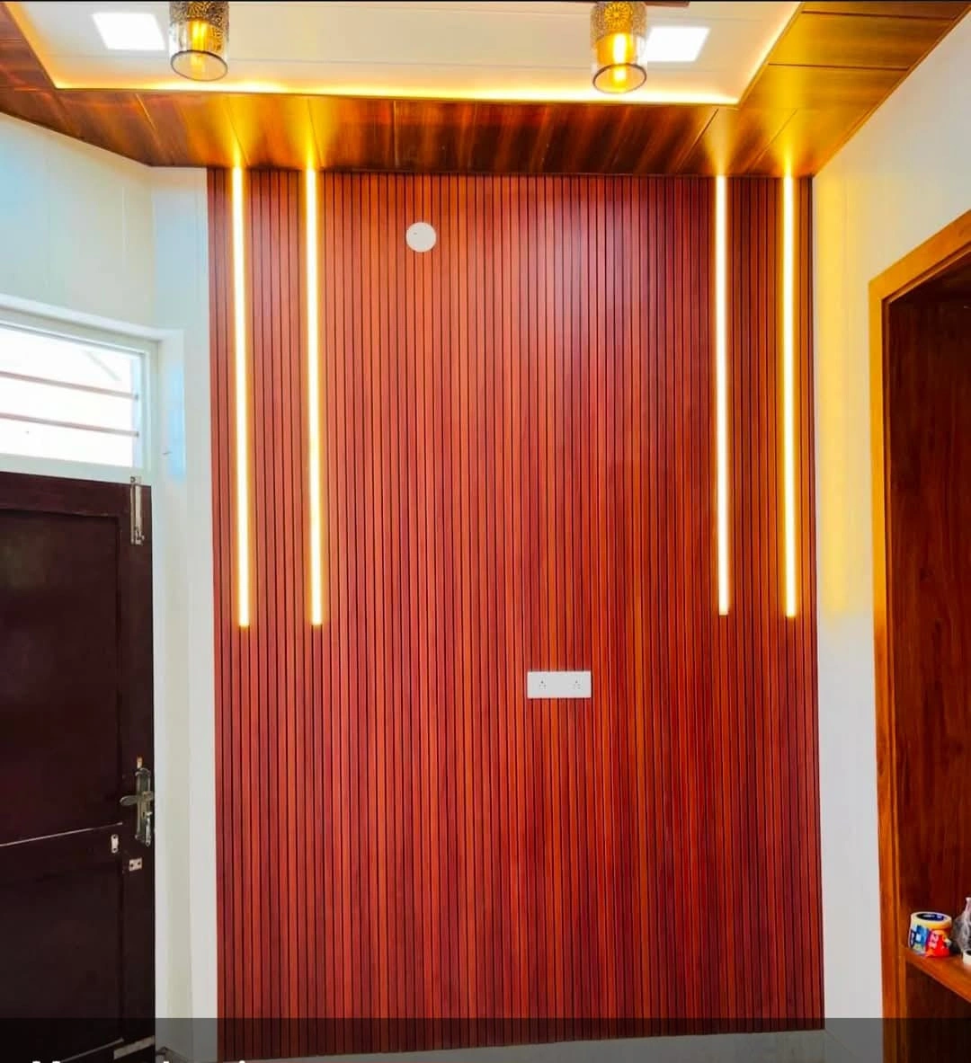 modern feature wall with wooden paneling and LED strip lights