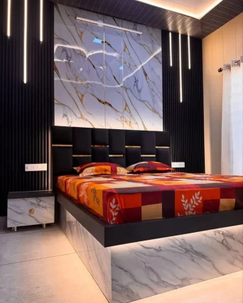 bedroom false ceiling design with wooden panels and LED lighting