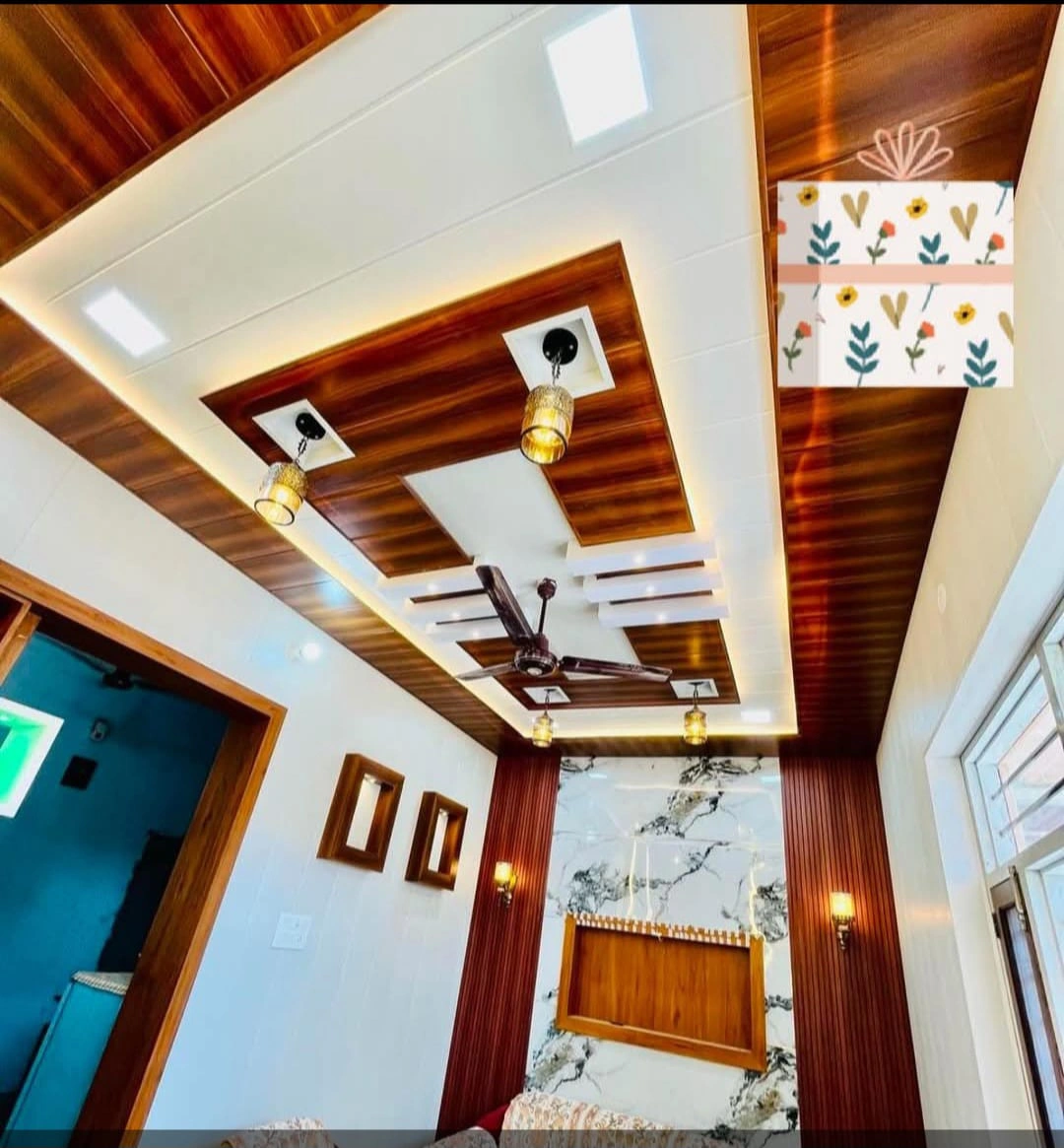 modern wooden false ceiling design with LED lighting