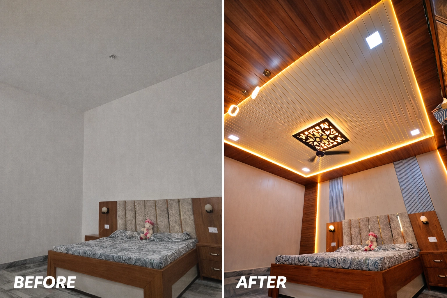 bedroom interior design before after false ceiling lighting