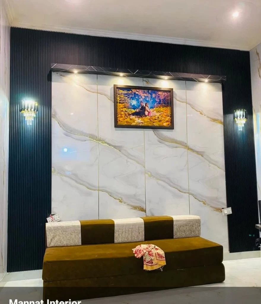 modern wall paneling with marble finish and lighting before after