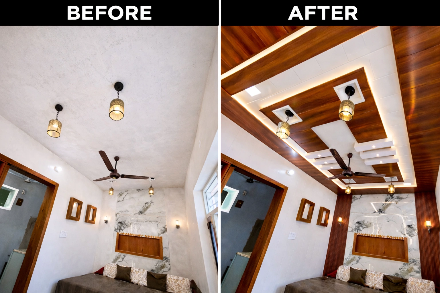 false ceiling design before after wooden ceiling with lighting
