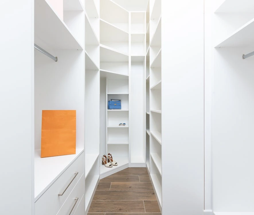walk in wardrobe design with modular storage shelves