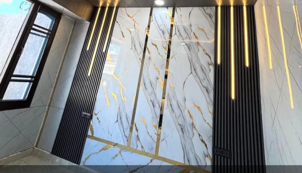 marble wall paneling design with LED lighting feature wall