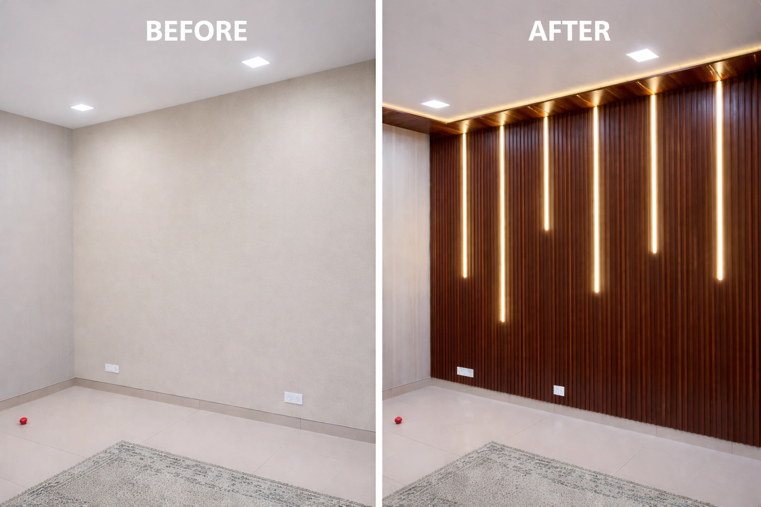 wall paneling design before after with LED lighting