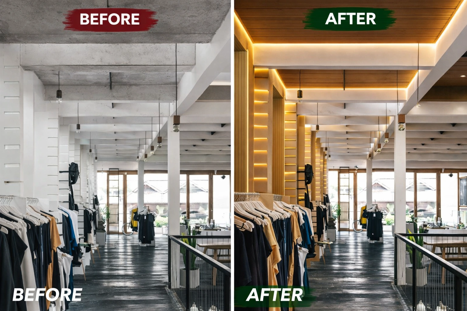 showroom interior design with lighting before and after